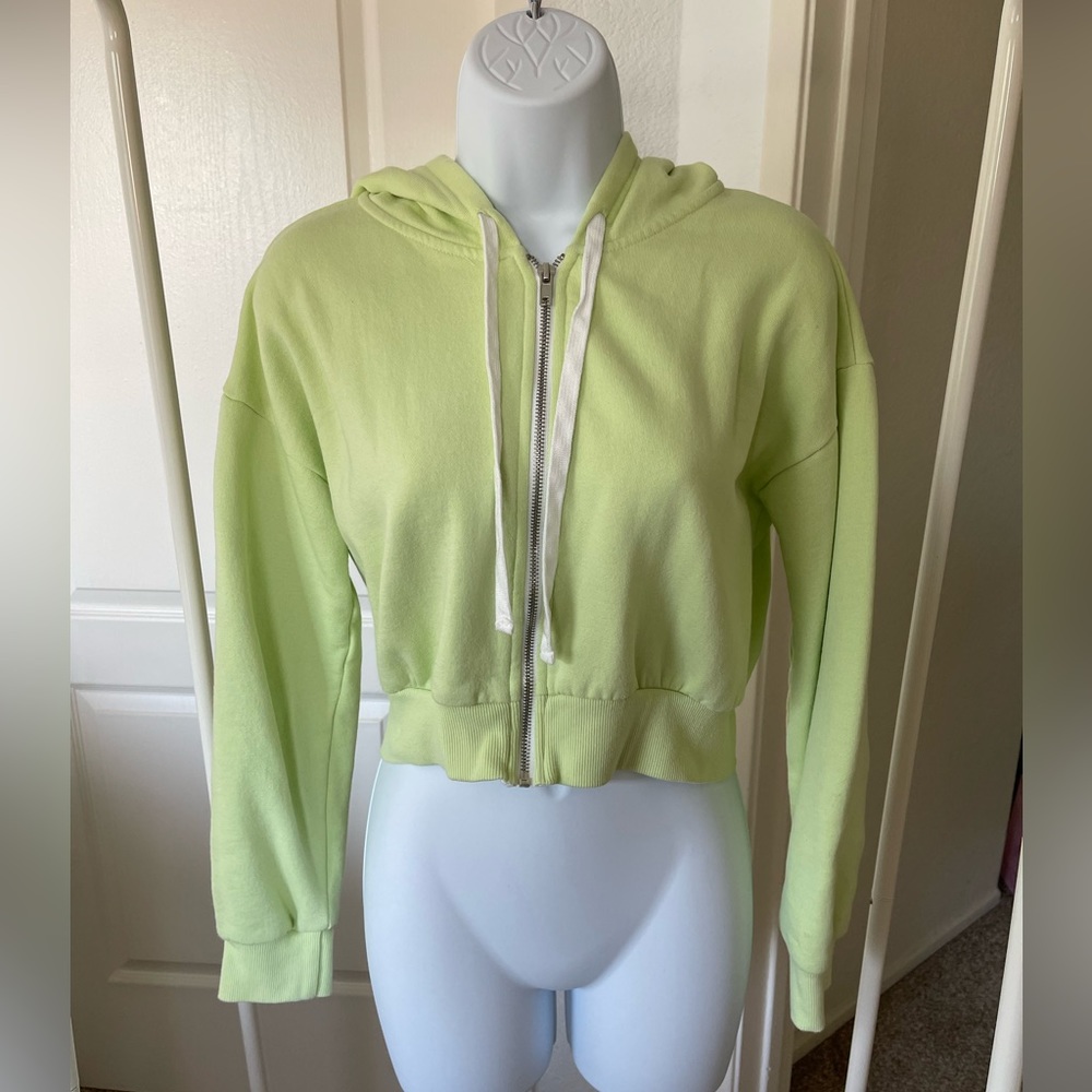 Forever21 cropped neon green zip up hoodie jacket size small preowned